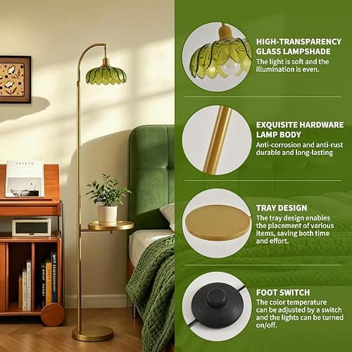 WELAISA Glass Floor Lamp with Table and Shelves, Gold | Remote Dimmable, Boho Brass Tall Lamp, Vintage Farmhouse Arc, Green Flower Design thumbnail 5