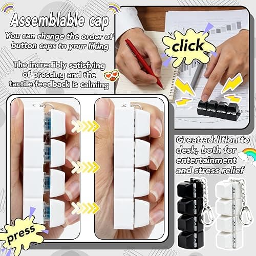 2 PCS White & Black Keyboard Fidget Toy, Keyboard Fidget Keychain 4-in-1 Keyboard Decompression Button Finger Clicker Toys, Button Stress Relief Fidget Gifts to Relief Stress (General) thumbnail 4