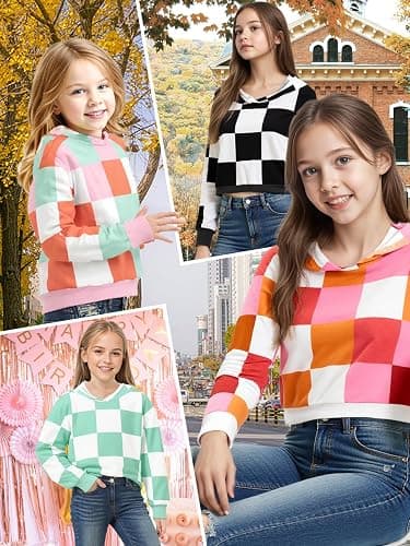 Seiciviy Girls Crop Tops Kids Hoodies Cute Plaid Color Block Shirts Long Sleeve Cropped Casual Pullover Fashion Sweatshirts thumbnail 6