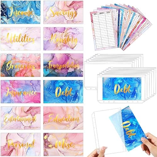 24 Pieces Budget Sheets Expense Tracker Sheets Budget Cash Envelopes A6 Pockets Binder Zipper Folders Money Organizer System (Watercolor Style) - Image 1