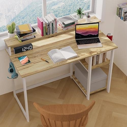 GreenForest Computer Desk with Full Monitor Stand,100 cm Home Office Desk with Reversible Storage Shelves,Small Study Desk with Headphone Hook and Cup Holder,Oak thumbnail 7