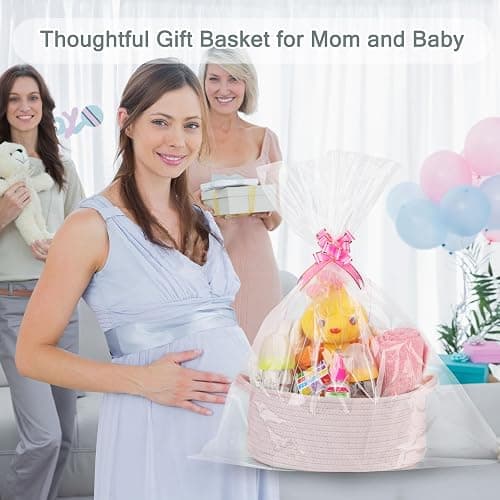 COMSE Small Woven Basket with Gift Bags and Ribbons, Gift Basket Empty, Cotton Rope Storage Organizer, Baby Toy Box with Handles, 12" x 8" x 5", Light pink thumbnail 3