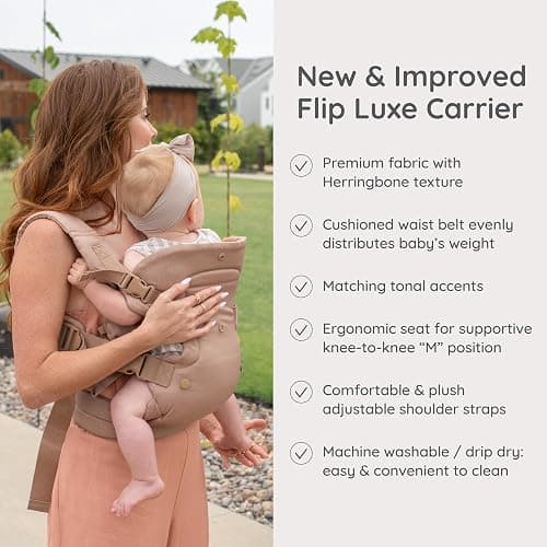 Infantino Flip Luxe 4-in-1 Baby Carrier Ergonomic 7-35 lbs, Affogato | Updated Lumbar Support, Premium Herringbone Fabric, Elevated Accents, for On-the-Go Parenting, for Infants to Toddlers thumbnail 5