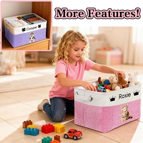 Personalized Dog Toy Storage Basket Custom Dog Name Photo Cat Pet's Gift Baskets Collapsible Organizer Box Foldable Storage Basket with Handle for Toys, Coats, Clothing, Blankets, Brown thumbnail 6