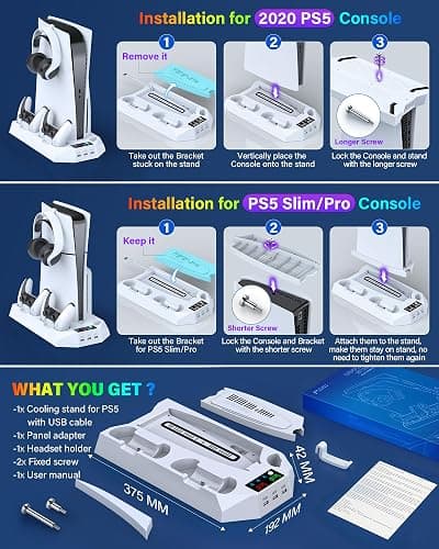 PS5/PS5 Slim/PS5 Pro Stand and Cooling Station with Dual Controller Charging Station for PlayStation 5 Console, PS5 Accessories Incl. Controller Charger, Cooling Fan, Headset Holder, 3 USB Hub, White thumbnail 6