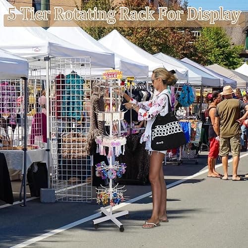 Exttlliy 5-Tier Metal Spinning Display Stand Rack with Wheels, Keychain Jewelry Stocking Hat Display Stand, White thumbnail 2