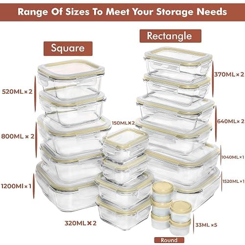 Razab 35 Pc Set Glass Food Storage Containers with Lids - Meal Prep Airtight Bento Boxes BPA-Free 100% Leak Proof (15 lids,15 glass & 5 Plastic Sauce/Dip Containers) thumbnail 2