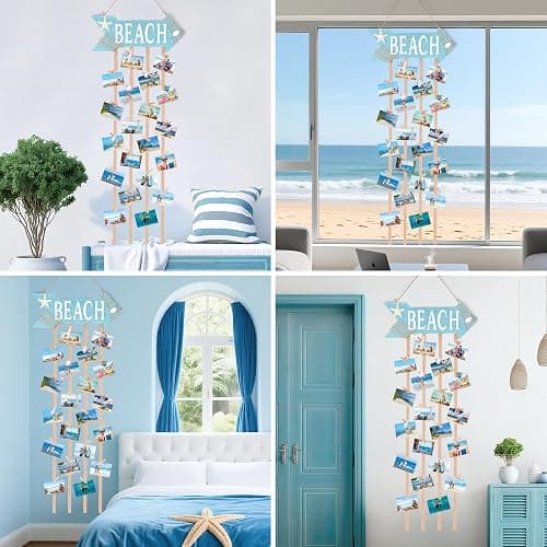 WeDoSoy Coastal Style Hanging Photo Display Holder with 30 Clips (10 Shell Clips), Wooden Frames Wall Picture Organizer for Beach Decor, Collage Display, Postcards, Holiday Cards & Home Decoration thumbnail 7