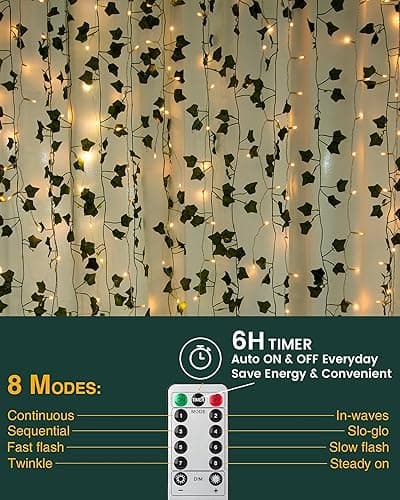 JACKYLED 84Ft 12 Pack Artificial Ivy Garland Fake Plants, Ivy Vines Leaves with CE Certified 80 LED String Lights, Hanging Ivy Lights for Bedroom Garden Party Wall Room Decor - Green - 12Pack-32Ft LED thumbnail 2