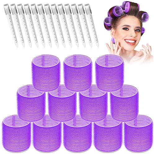 Jumbo Hair Curlers Set - 24 Pieces with 12 Large Rollers and 12 Clips for Adding Volume to Long, Thick Hair (Purple) - Image 1