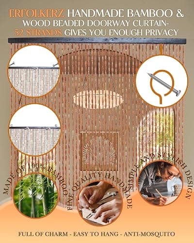 Erfolkerz 52 Strands Beaded Curtain for Doorways -35.4"x79"- Handmade Natural Beaded Curtains，Boho Doorway Wood and Bamboo Bead Curtain-As Insect Screen/Room Divider-Brown thumbnail 3
