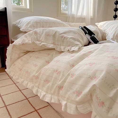 GETIYA Elegant Hellrosa Blumen Bettwäsche 135x200 Baumwolle Bettbezug Damen Mädchen Blümchen Bettbezug Zweiteilig Rüschen Bettwäsche Weiß Rosa Blumen Bettwaesche mit 1 Kissenbezug 80x80 thumbnail 5