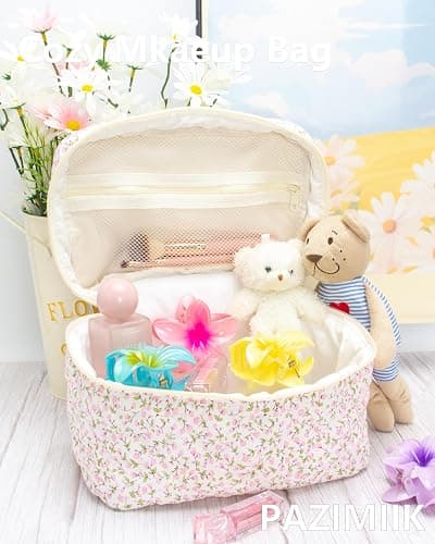 3PCS Makeup Bag SET Large Travel Quilted Zipper Soft Cosmetic Case Pouch for Women Girls Make Up,Floral Pink thumbnail 2