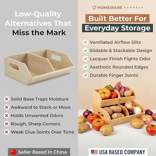 Potato and Onion Storage Bin for Pantry and Kitchen Counter - Ventilated Stackable Bamboo Organizer Baskets with Handles - Multipurpose Organization Containers for Fruit, Vegetable, Pantry - 3 Pack thumbnail 7