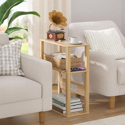 YUFAM 3 Tier Small Narrow Bamboo Side Table Set of 2 with Charging Station - Skinny Nightstand for Small Spaces, Slim Bedside Table with USB Ports and Outlets - Thin End Table with Storage, Natural thumbnail 4