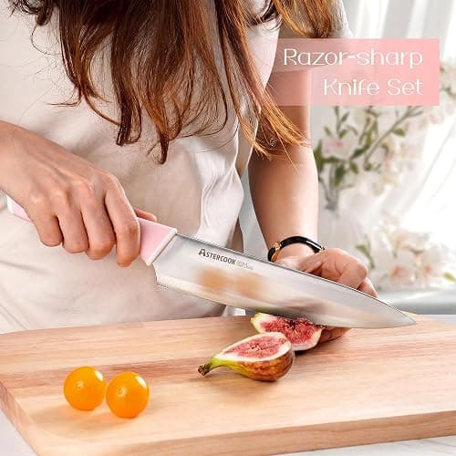 Astercook Knife Set, Kitchen Knives Set with Block and Sharpener 15 Pcs German Stainless Steel Knives Sharp Blade Dishwasher Safe Deba Knives with Ergonomic Handle, Crystal Pink thumbnail 2