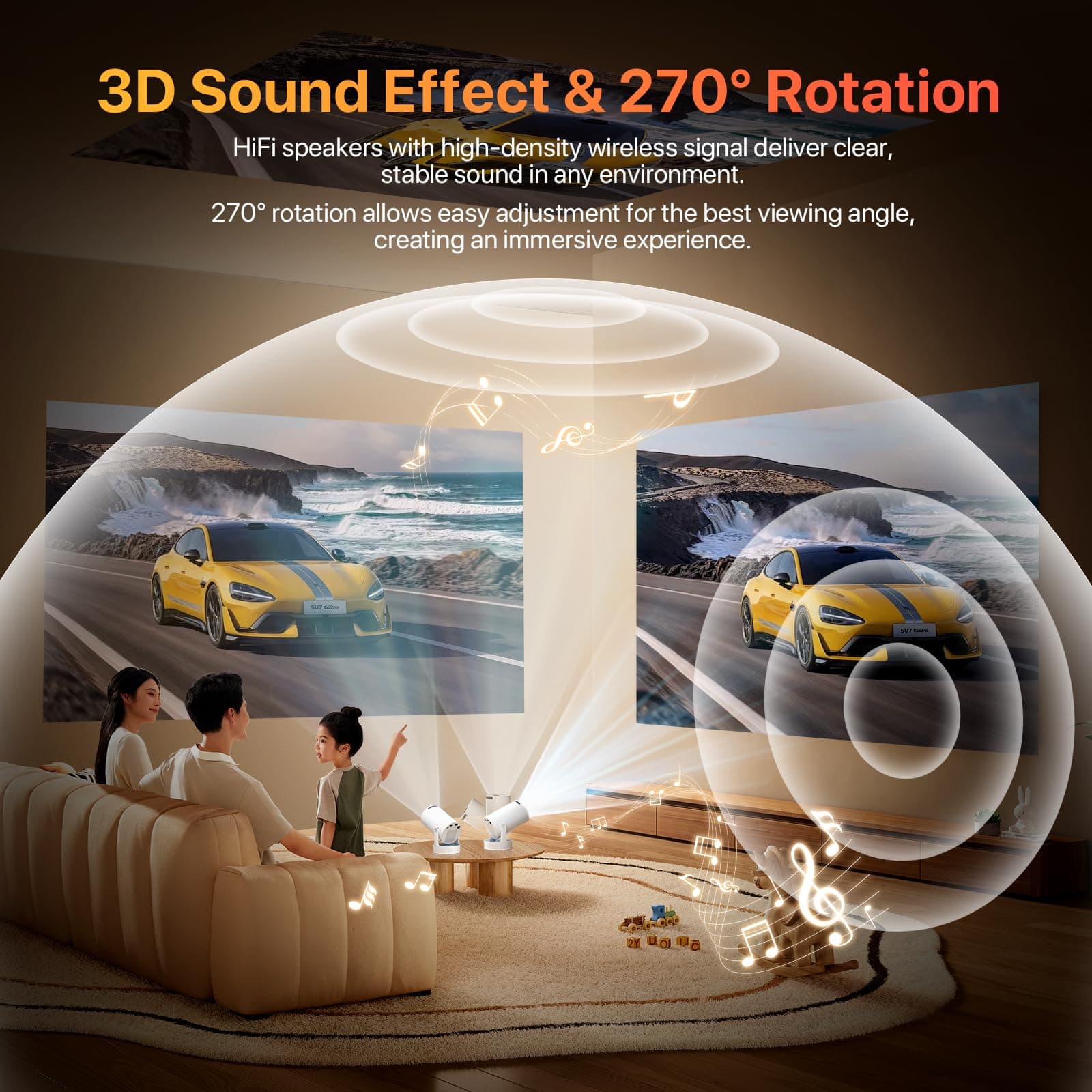 Portable Projector with [2026 Upgraded] HiFi Speaker [Built-in Apps & 1080P] Lower Noise mini Projector Wi-Fi Support auto Keystone 270° Rotatable Big Screen Lightweight iOS/Android thumbnail 4