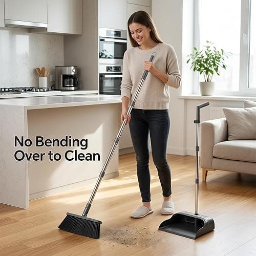POPMOP Broom and Dustpan Set, 52" Long Handle Standing Broom with Dustpan Combo Set with Dust Pan Teeth to Clean Pet Hair, Easy Sweeping Suitable for Home Kitchen Office Lobby thumbnail 8