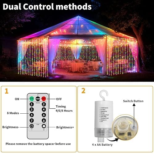 Ryblgled Battery Operated Fairy Curtain Lights - Multicolor 10ft x 10ft 300 LED Battery Power Curtain String Lights with Remote & Timer for Backdrop Outside Gazebo Christmas Indoor Bedroom Decor thumbnail 4