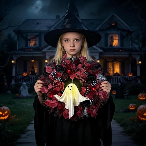 HipTree 20 Inch Lighted Ghost Halloween Wreath for Front Door | Spooky Ghost Wreath With Red Black Roses & Berries. Warm LED Light For Indoor Outdoor Porch, Window & Haunted House Decor thumbnail 5