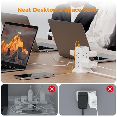 Tower Extension Lead 5M with 3 USB Slots, TESSAN 5 Metre Extension Cable 8 Way Multi Plug Socket, Surge Protected Power Strip with Switch for Home, Office thumbnail 4