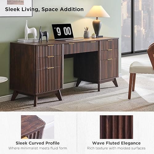 T4TREAM Fluted Executive Desk with Drawers, 60" Modern Home Office Computer Desk with Charging Station, File Cabinet, Keyboard Tray and Storage Cabinet for Study, Living Room, Bedroom, Dark Walnut thumbnail 3
