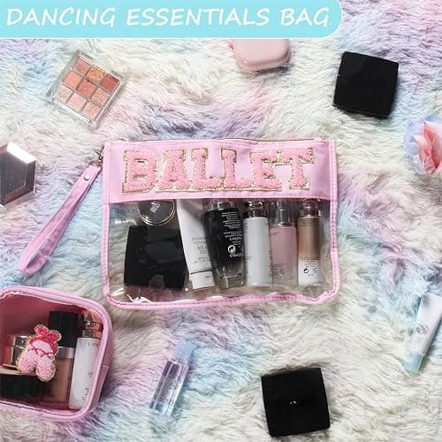 BuyCard 2 Pcs Ballet Gifts Cosmetic Makeup Bag with Chenille Letter Patch, Clear Pouch PVC Organizer Purse, Waterproof Travel Bag, Portable Toiletry Storage Bag for Her Girls Friends Women thumbnail 6