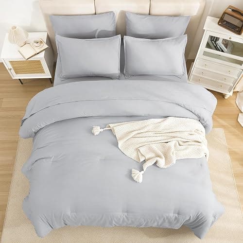 Litanika Full Size Comforter Sets Light Grey - 7 Pieces Bed in a Bag Full Bedding Comforter Sets, Solid Lightweight Bed Set with Comforter, Sheets, Pillowcases & Shams thumbnail 7
