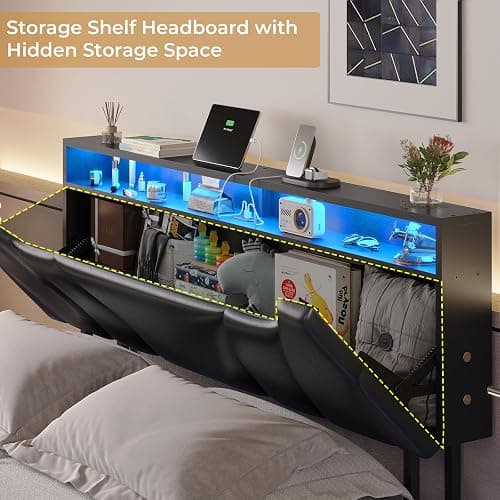 DICTAC Full Size Floating Bed Frame with led Lights & Storage Headboard Full Led Visual Floating Bed with Outlets Faux Leather Upholstered Platform Bed with Hidden Storage,No Box Spring Needed,Black thumbnail 5