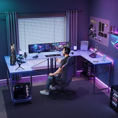 NEWBULIG 49.9 inch L Shaped Desk, Corner Computer Gaming Desk for Small Spaces, Small Desks for Bedroom with Reversible CPU Stand, Home Office Writing Table Bright White thumbnail 5