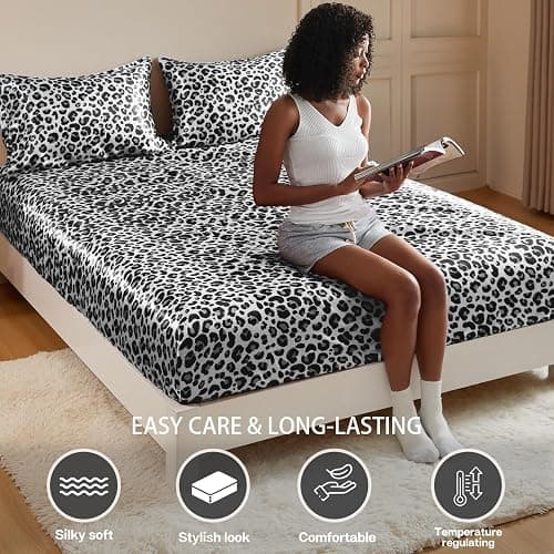 MR&HM Satin Fitted Sheet Full Size, Elastic Corner Straps, White Leopard | 15" Deep Pocket, Secure Fit, No Slipping or Bunching, Silk-Like Feel, Cooling & Breathable, Gentle on Hair & Skin, 1 Pc thumbnail 6