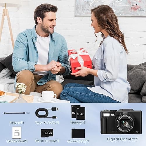 4K Digital Camera for Photography with 3" 180°Flip Screen, 64MP Vlogging Camera for YouTube, 4K Ultra HD WiFi Camera with 18X Digital Zoom，Compact Camera with Flash, 32GB TF Card & 2 Batteries（Black） - Black thumbnail 7