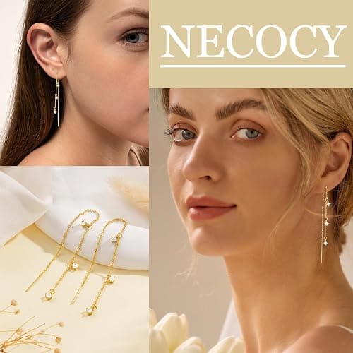 NECOCY Christmas Gift 14K Gold/Silver Plated Dangle Earrings for Women Dainty Long Hanging Chain Earrings Trendy Dangling CZ/Pearl Threader Earrings for Women Jewelry thumbnail 3