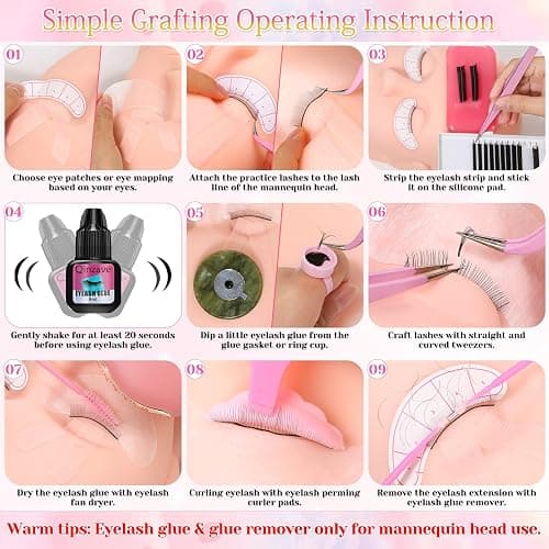 Lashes Kit for Eyelash Extension Beginners 470PCS Professional Lash Mannequin Head Practice Kit with Everything Lash Glue Lash Shampoo Lash Fan, Lash Extension Supplies for Practice Training thumbnail 5
