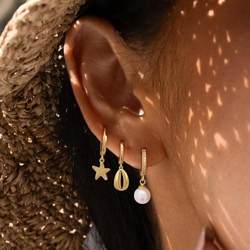 SELFROSE Gold Earrings For Women, Dainty Huggie Earrings Stack 14K Gold Plated Pearl Dangle Earrings for Women Trendy Cute Hypoallergenic Unique Gold Earring Stack Fashion Gold Jewelry Gifts thumbnail 3