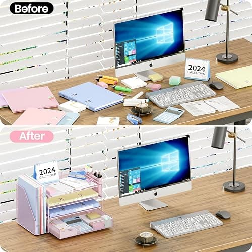 OPNICE Desk Organizer and Accessories, 4-Tier Desktop File Organizer with Drawer and 2 Pen Holders, Office Desk Accessories, File Sorters, Workspace Organizers for Office Supplies(Pink) thumbnail 3