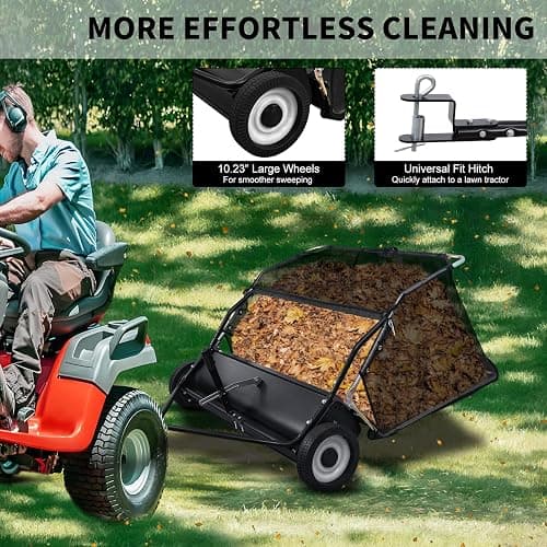 Tow Behind Lawn Sweeper, 44" Sweeping Width, 25 cu ft, Foldable Large Pull Behind Grass Sweeper, Heavy Duty Leaf & Grass Collector with Adjustable Brush Height, Dumping Rope Rubber Wheels Black thumbnail 4