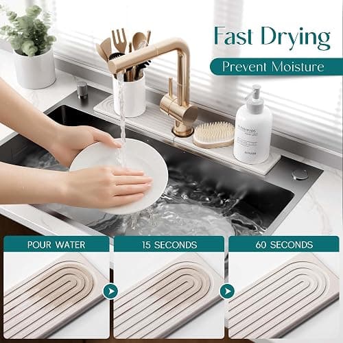 Eormoe Faucet Mat for Kitchen Sink – Diatomite Stone Drying Mat & Sink Protectors, Prevent Moisture – Sink Splash Guard Water-Absorbing Stone Tray for Bathroom Counter (Light Grey, 23.6" x 3.9") thumbnail 3