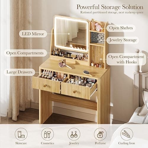Memobarco Fluted Vanity Desk with Mirror and Lights, Small Makeup Vanity with 2 Drawers and Jewelry Storage Cabinet, 3 Lighting Modes Adjustable Brightness, Dressing Table for Bedroom - Natural Oak thumbnail 3