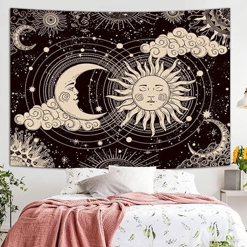 Wonrizon Sun and Moon Tapestry, Aesthetic Black Dark Spiritual Tapestries Mystic Burning Sun with Clouds Star Wall Hanging decor for Bedroom (51.2" x 59.1") thumbnail 7