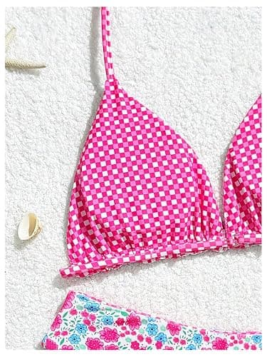 RoseSeek Girl's 2 Piece Swimsuits Floral Gingham Halter Triangle Wireless Bikini Bathing Suit thumbnail 4