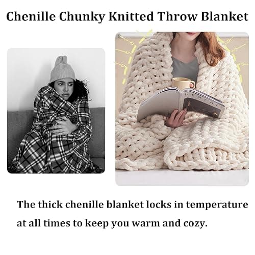 Cream White Throw Blanket, 50" x 60" Chunky Knit Blanket, Handmade Warm & Soft Chenille Throw Blanket, Washable Decorative Knit Blanket with Jumbo Chenille Yarn for Couch Bed Sofa thumbnail 6