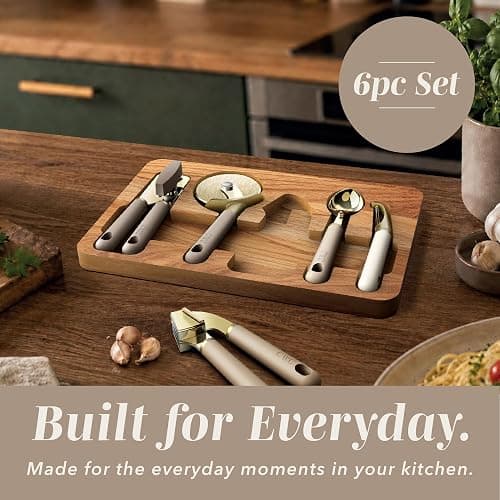 COOK WITH COLOR 6-Piece Kitchen Tool Set with Acacia Wood Cutting Board, Can Opener, Pizza Cutter & Prep Essentials, Brown Ombre thumbnail 7