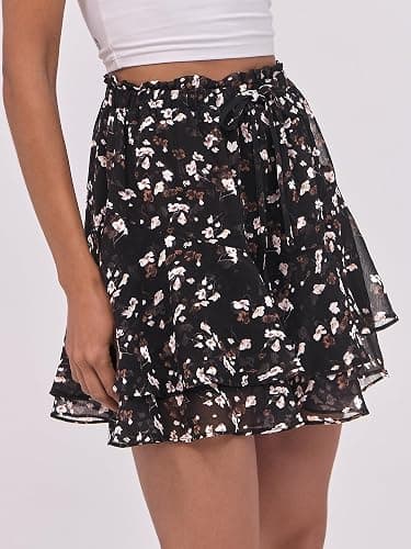 Caracilia Skorts for Women Boho Casual Beach Mini Skirts Summer Floral Ruffle Chiffon Flowy Shorts 2025 Trendy Outfits - Black Beige Floral - Small thumbnail 3