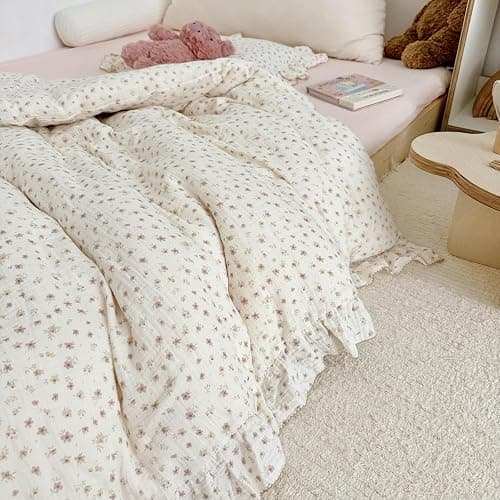 VM VOUGEMARKET 3 Pieces Full Cream Duvet Cover Set Ruffled,Girls Double-Layer Cotton Gauze Duvet Cover with Floral Pattern,Zipper Closure & Corner Ties,80"x90" thumbnail 8