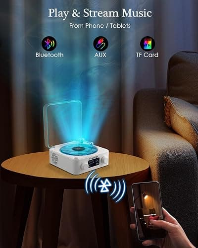 Waves Vinyl Bluetooth Speaker, Vinyl Record Player Style Speaker with Ocean Sound White Noise, Retro Bluetooth Speaker with Ambient Light and Timer, Mini Record Player Cute Speaker, White thumbnail 6