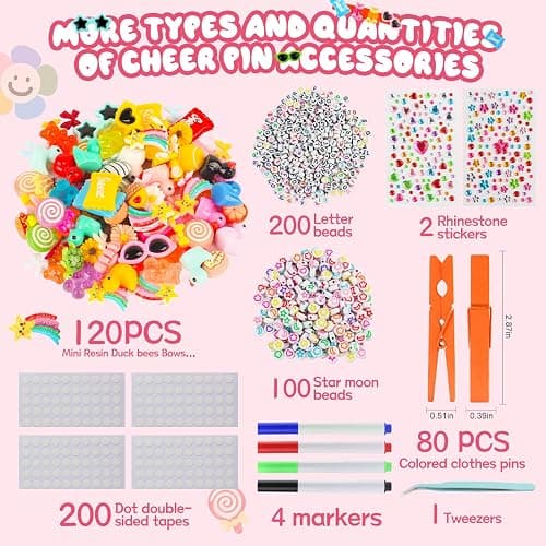 VITASY 80pcs Cheer Pins Spirit Clips,Colored Clothes Pins Wooden with 420pcs Mini Resin Animals and Letter Beads,Cheer Pin Decorations for Cheerleading Backpack,Cheer Gifts Bulk for Team thumbnail 3