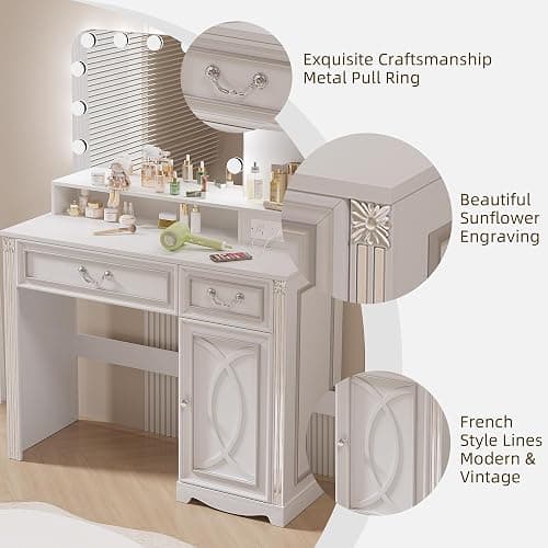 ⭐️Ylued Vanity Desk with Mirror and Lights Power Outlet, 39 inch Makeup Vanity with Charging Station, Mid-Century Modern Dressing Table with 2 Drawers for Bedroom, White thumbnail 5