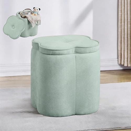Crestview Collection Foot Rest Ottoman with Storage,Sage Green Chenille Fabric Flower Ottoman for Living Room, Vanity Stool for Bedroom,Floor Pouf for Home Decor,Seafoam Green,18 inches - Image 1