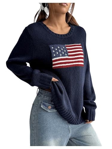 SweatyRocks Women's Flag Pattern Long Sleeve Round Neck Sweater Casual Loose Pullover Sweater - Image 1